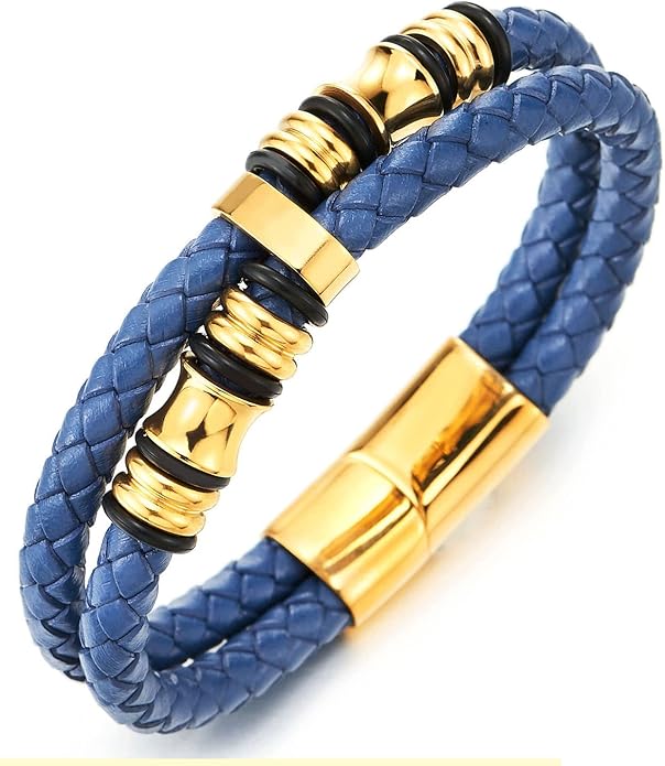 COOLSTEELANDBEYOND Mens Double-Row Braided Leather Bracelet Bangle Wristband with Stainless Steel Ornaments
