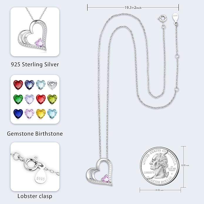 GLIVEOR 925 Sterling Silver Birthstone Necklace Heart Necklace for Women Gifts for Women