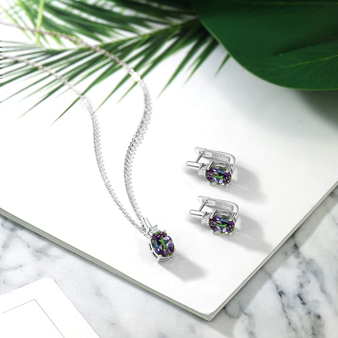 Gemstone Birthstone and White Created Sapphire Pendant and Earrings Jewelry Set for Women in 925 Sterling Silver | Oval 8X6MM and Round 2.5MM | With 18 Inch Chain | Fine Jewelry for Her Mom Women Wife