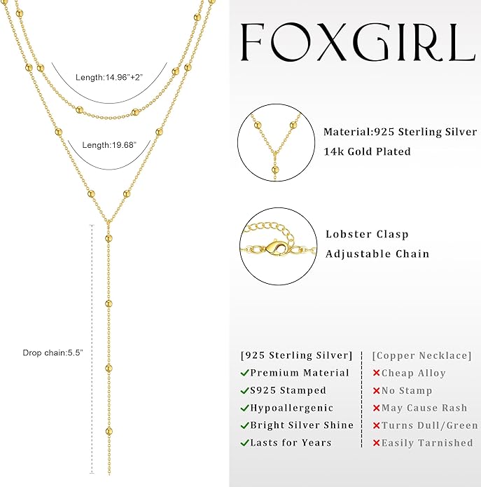 Foxgirl Lariat Gold Necklace for Women, Dainty Long Necklace 14k Gold Plated/Silver Y-Shaped Pendant Necklace Trendy Layered Cz Beaded Chain Drop Necklaces Simple Gold Jewelry For Women Gift