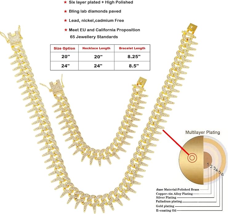 HH BLING EMPIRE Mens Gold Silver Plated Spike Cuban Link Chain Necklace and Bracelet Sets, Chunky Iced Out Diamond Miami Cuban Link Chains Hip Hop Jewelry