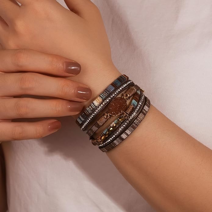 FANCY SHINY Leather Wrap Bracelet Boho Cuff Bangle Bracelets Crystal Bead Bracelet with Magnetic Clasp Jewelry Gifts for Women