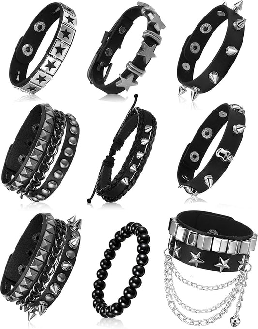 Hicarer 9 Pieces Spiked Studded Bracelet Black Leather Rivet Punk Bracelet Cuff Wrap Bangle Snap Button Metal Wristband for Men Women