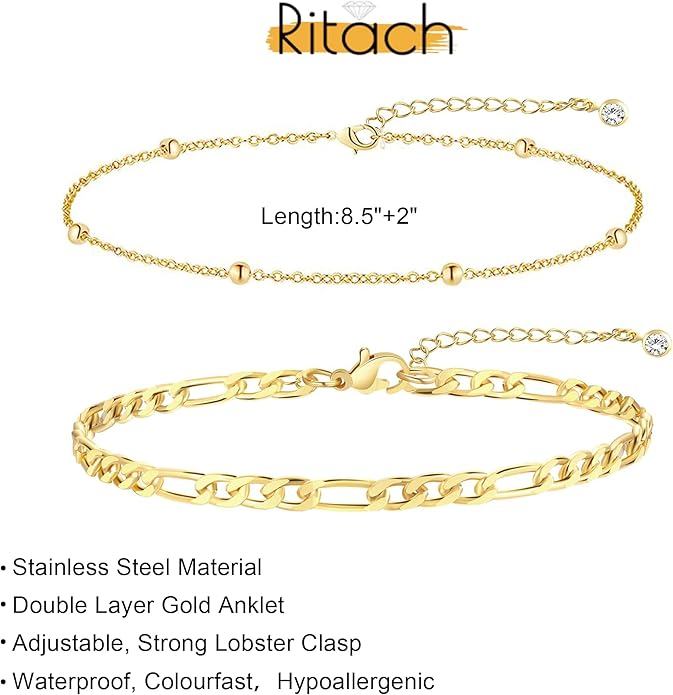 Ritach Ankle Bracelets for Women - Silver/Gold Plated Stainless Steel Anklets for Women Waterproof Layered Cuban Link Figaro Chain Heart Anklets Set Summer Beach Jewelry Gifts