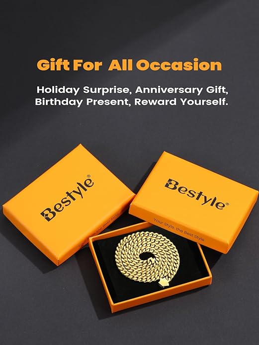 Bestyle Thick Stainless Steel Mens Cuban Link Chain, Black/Gold Chain for Men, No Tarnish & Durable Men Chain Necklace, 5/7/9/12mm Wide, 18"-30" Long, Gift Package