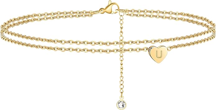 Turandoss Heart Initial Ankle Bracelets for Women, 14K Gold Filled Handmade Dainty Layered Anklet Letter Initial Heart Ankle Bracelets for Women Beach Jewelry Gifts