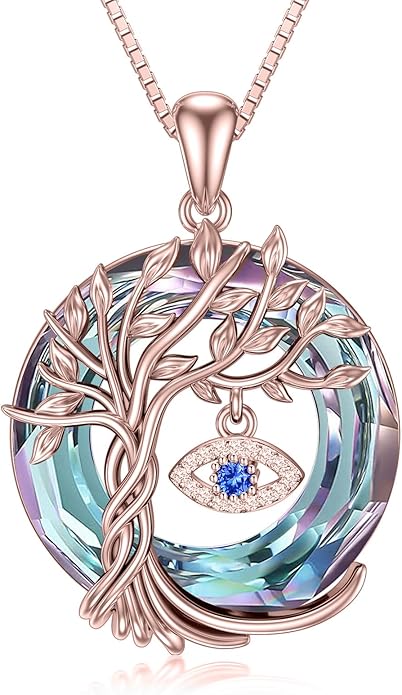 TOUPOP Evil Eye Necklace 925 Sterling Silver Tree of Life Circle Crystal Pendant Necklace Protection Jewelry Amulet Christmas Gifts for Women Her