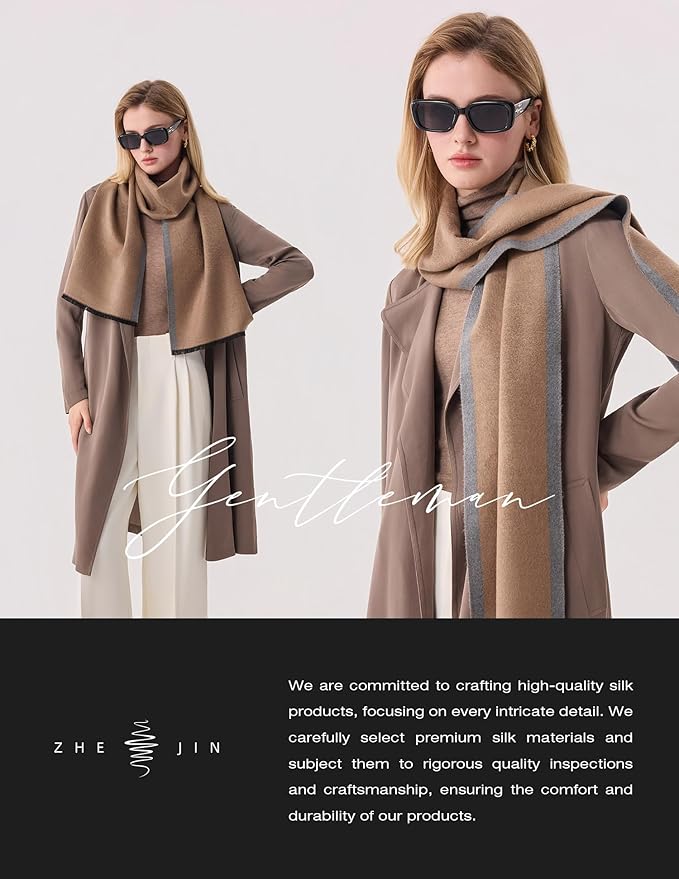 ZHE JIN Luxurious Silk Scarf for Women, Warm Soft Scarves Winter Gift for Her, 100% Brushed Mulberry Silk, Gentleman, 71"x12"