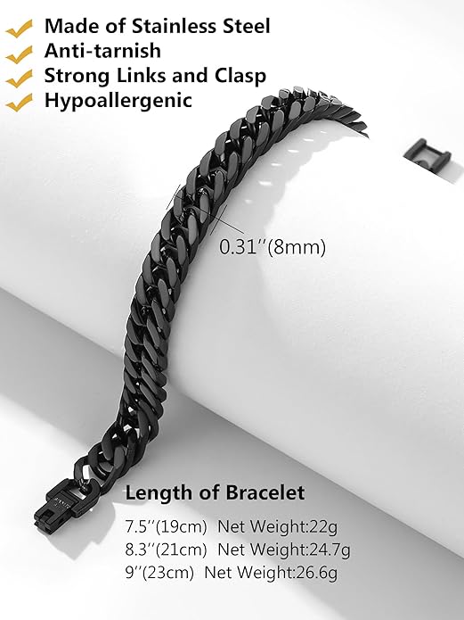 8/12/17mm Wide Cuban Link Bracelet for Men Father Gift 18K Gold/Black Plated Stainless Steel Bracelets 7.4-9 Inches(Gift Wrapped)