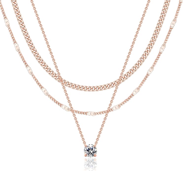 WomenGifts Layered Gold Necklaces for Women, 14K Gold Sterling Silver Plated Dainty Pendant Necklace Set with Cubic Zirconia Circle, Chunky Stackable Cuban Chain Choker, Trendy Personalized Birthstone Jewelry Gift Non Tarnish
