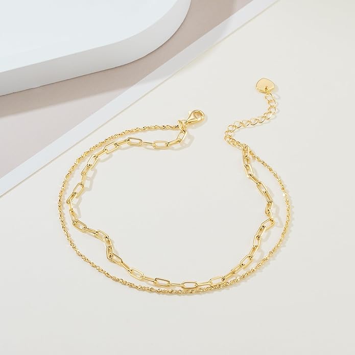 14K Gold Anklets for Women Gold Ankle Bracelets for Women Double-Layer Design Delicate Chain Stacked with Paperclip Link Anklets for Womens ankles bracelets
