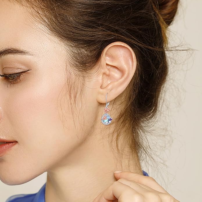 AOBOCO Butterfly/Dragonfly/Bee/Ladybug Leverback Earrings 925 Sterling Silver Rose Lotus Tulip Flower Filigree Dangle Earrings Teardrop Moonstone Larimar Turquoise Abalone Shell Jewelry Birthday Gifts for Women