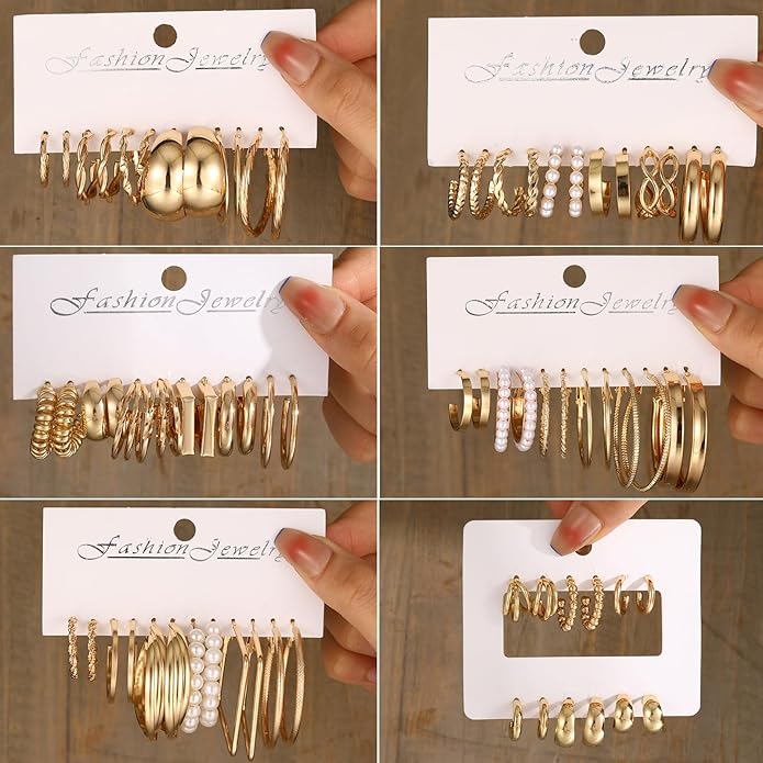 FAXHION 36 Pairs Gold Earrings Set for Women, Fashion Pearl Chain Link Stud Drop Dangle Earrings Multipack Hoop Earring Packs, Hypoallergenic Earrings for Birthday Party Jewelry