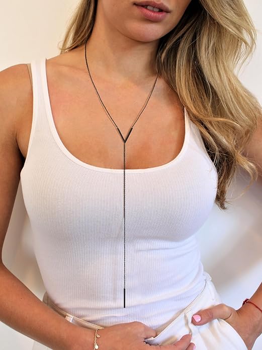 FOCALOOK Long Necklaces for Women 14K Gold Plated Dainty Drop Bar Pendant Lariat Y-Shaped Necklace Earring Set 28inch/73cm