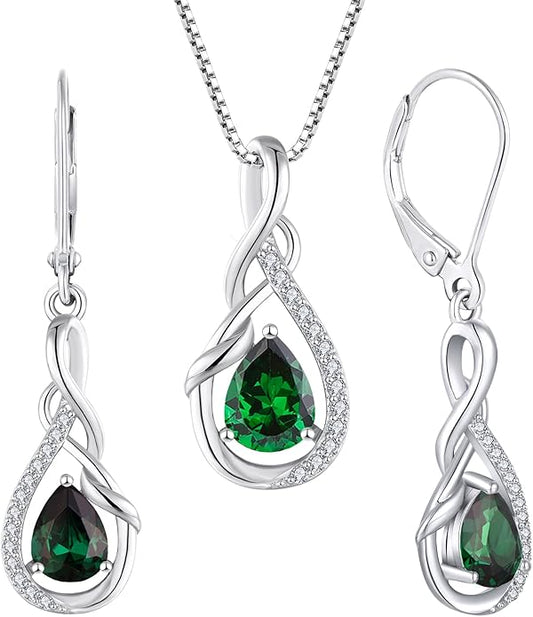 STARCHENIE 925 Sterling Silver Necklace Dangle Earrings for Women Infinity Twisted Teardrop Pendant May Birthstone Created Emerald Jewelry Set