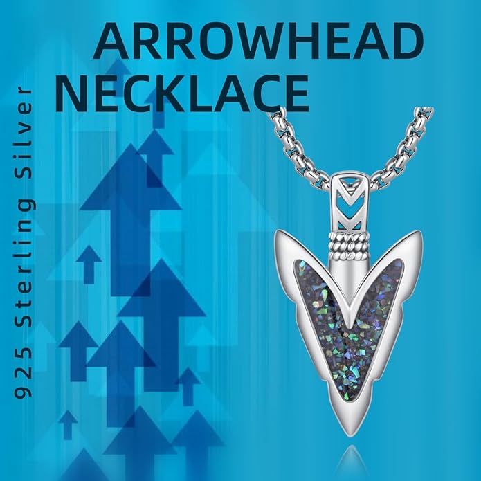 PCTJYFU Arrowhead Necklace 925 Sterling Silver for Women Men Pendant with Blue Opal/Abalone Shell/Turquoise Black Gold Plating Protective Symbol Jewelry Adjustable Chain Gift for Him Her