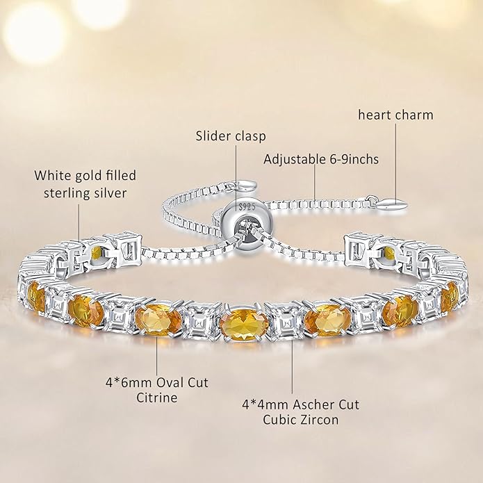 Sterling Silver Birthstone Bracelets for Women White Gold Tennis Bracelets Adjustable Chain 6-9 Inchs Jewelry Hypoallergenic Anniversary Birthday Gifts for Women Mom Wife Her