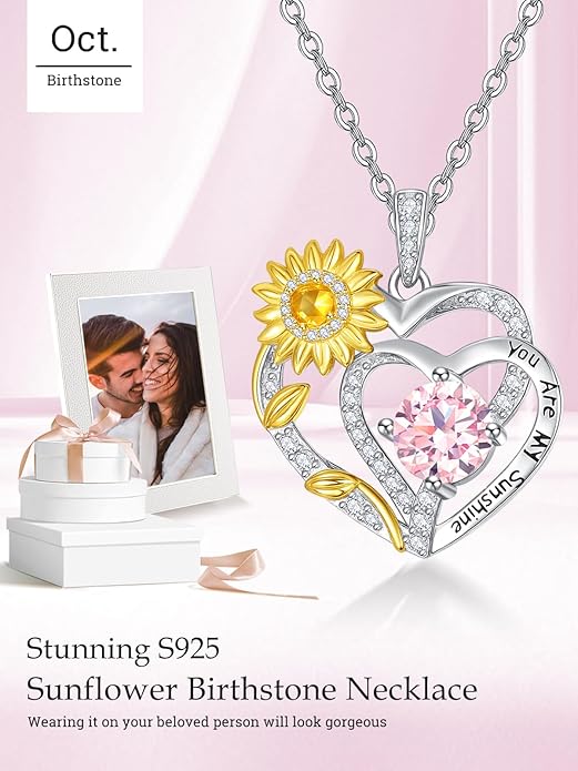 Zeuslia Double Birthstone Necklace Gifts for Wife - 925 Sterling Silver Sunflower/Rose/Crown Cross/Compass/Heart Pendant I Love You Necklace, Anniversary Birthday Gifts for Wife Girlfriend Mom Her