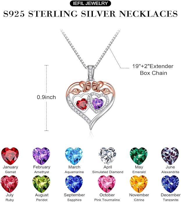 Iefil Double Birthstone Necklace Gifts for Wife Girlfriend Her Women, Birthstone Jewelry Gemstone Valentines Birthday Gifts for Her Women Wife Mom Grandma