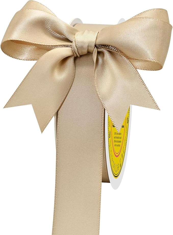 LEEQE Double Face Tan Satin Ribbon 7/8 inch X 25 Yards Polyester Tan Ribbon for Gift Wrapping Very Suitable for Weddings Party Hair Bow Invitation Decorations and More