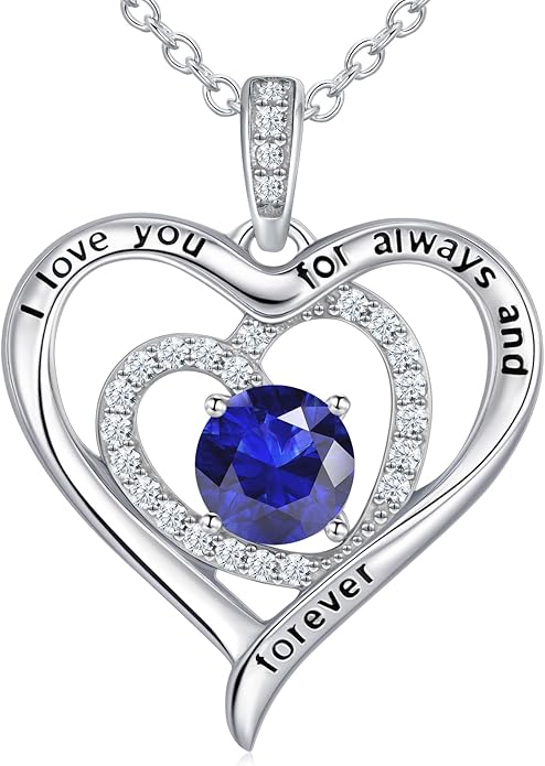 S925 Sterling Silver Necklace for Women, Christams Gift for Women, Love Heart Birthstone Necklaces for Women, Wife Jewelry, Mom Birthday Valentines Mothers Day Gifts, Girlfriend Necklaces, Daughter Heart Jewel, Anniversary for Her