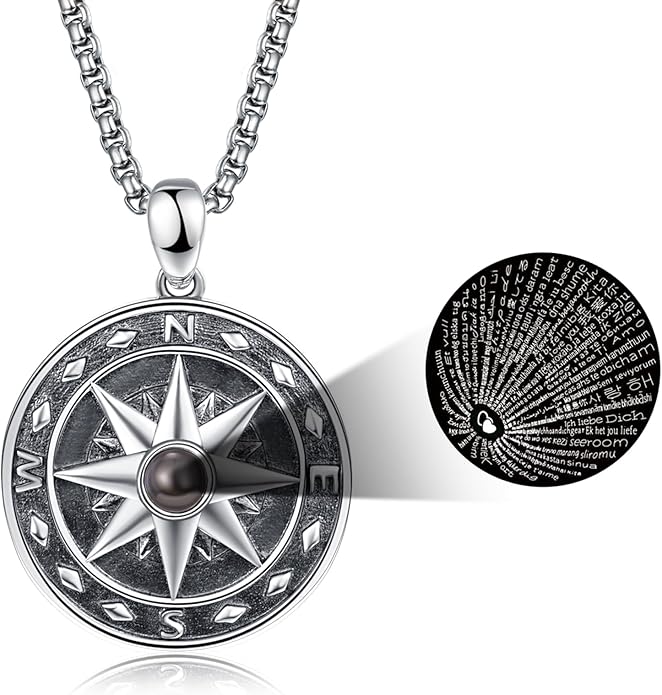 KINGWHYTE Compass Necklace for Men 925 Sterling Silver Birthday Gifts Graduation Travel Jewelry for Husband Brother with Stainless Steel Chain