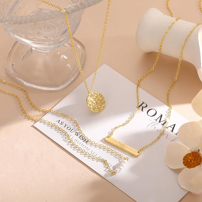 Layered Necklaces for Women 14K Gold Plated Stack Circle Pendant Trendy Long Chain Stackable Handmade Coin Necklace Set Dainty Gold Stacked Jewelry Gifts