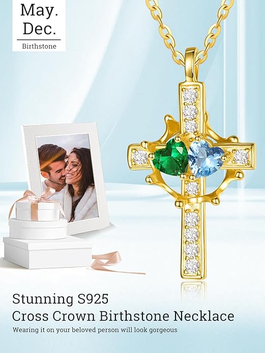 Zeuslia Double Birthstone Necklace Gifts for Wife - 925 Sterling Silver Sunflower/Rose/Crown Cross/Compass/Heart Pendant I Love You Necklace, Anniversary Birthday Gifts for Wife Girlfriend Mom Her
