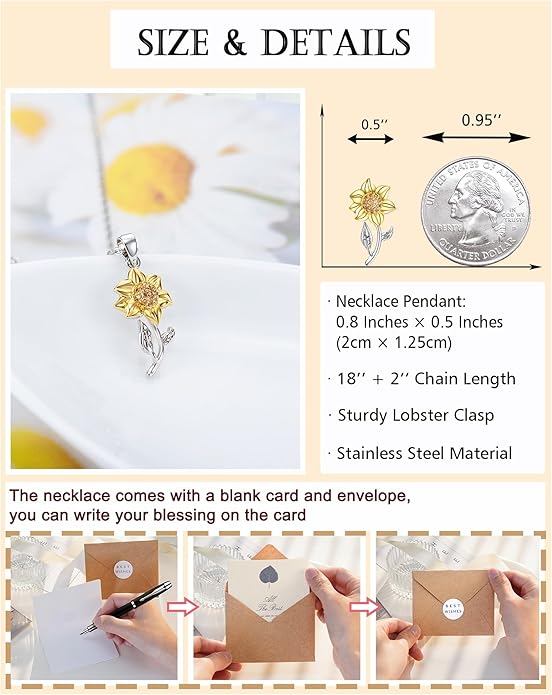 Tarsus Sunflower Necklace, You are My Sunshine, Sunflower Gifts Ideas for Women, Inspirational Gifts for Women Teen Girls Birthday Christmas Valentines Day