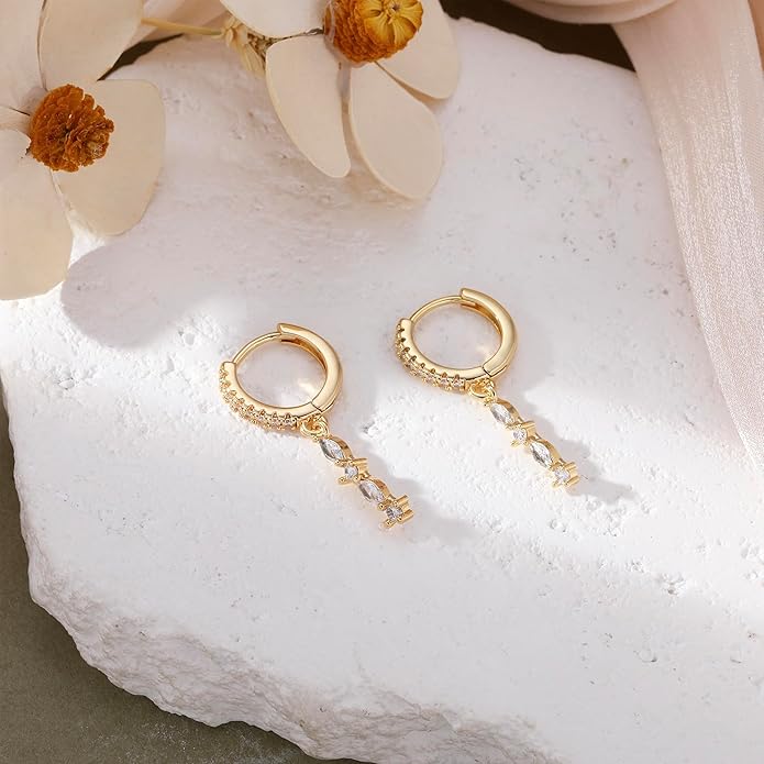 14K Gold Plated Dangle Earrings for Women - Dainty, Trendy, Hypoallergenic CZ Drop Earrings - Simple Long Dangling Jewelry
