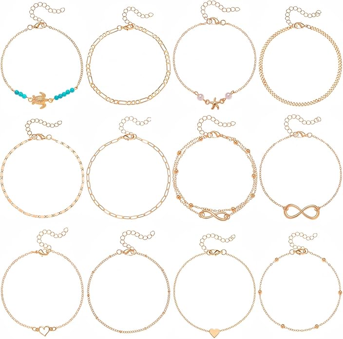 Starain 12Pcs Summer Beach Anklets for Women Waterproof Gold Silver Chain Ankle Bracelets Cute Women's Foot Anklet Set 7.9-10.5 inch Adjustable
