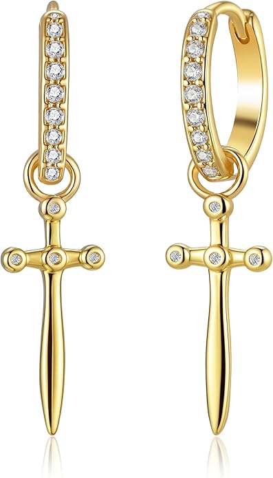 Dagger Hoop Cuff Earrings Cubic Zirconia Hypoallergenic Cartilage Earrings Huggie Ear Piercing Sword Small Dangle Drop for Women & Men BFF Stylish Jewelry