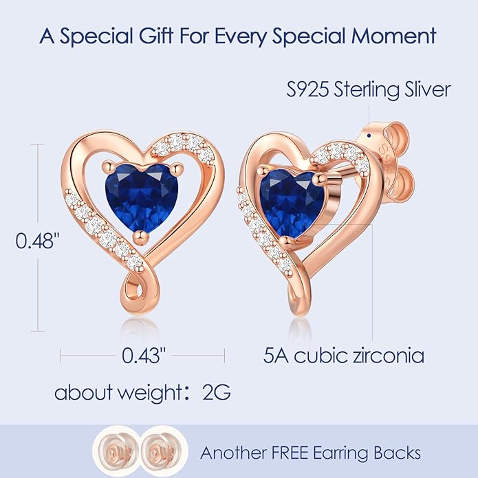 Earrings for Women, S925 Sterling Silver Rose Gold Birthstone Heart Studs Earring for Girlfriend Wife, Anniversary Birthday Christmas Valentines Mothers Day Gifts Jewelry for Women Wife Her Mom