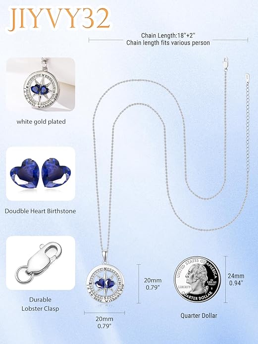 Compass Birthstones Necklace for Women, Exquisite Anniversary Birthday Gifts for Wife Her Double Birthstone Pendant jewelry ‘I'd be Lost Without You’