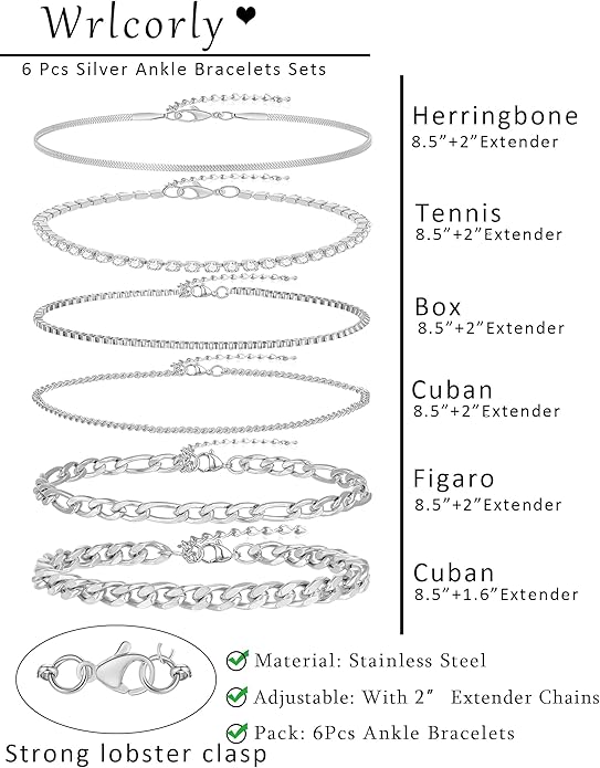 6PCS 18k Gold Plated Stainless Steel Ankle Bracelets for Women Waterproof Layered Herringbone Figaro Bead Paperclip Rope Tennis Box Cuban Link Rolo Satellite Chain Anklets Set Gold Tone