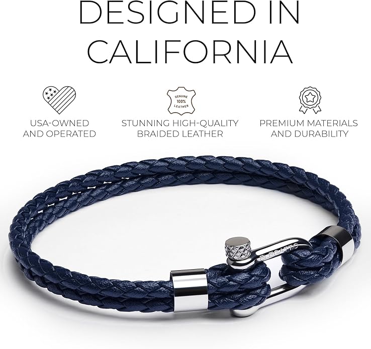 Elegatto Helix Premium Vintage Leather Bracelet for Men | Double Black Leather Strands with Sterling Silver Polished Mini Shackle Closure | Men’s Designer Jewelry