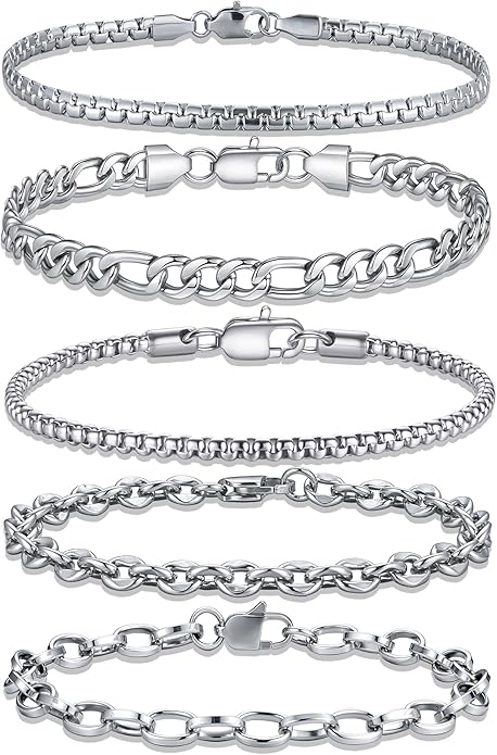 Yoosteel Mens Bracelets - Silver Chain Bracelet Stainless Steel Cuban Link Stack Bracelets Sturdy Rope Paperclip Chains Set 7.5/8.3/9 inches Trendy Jewelry for Men