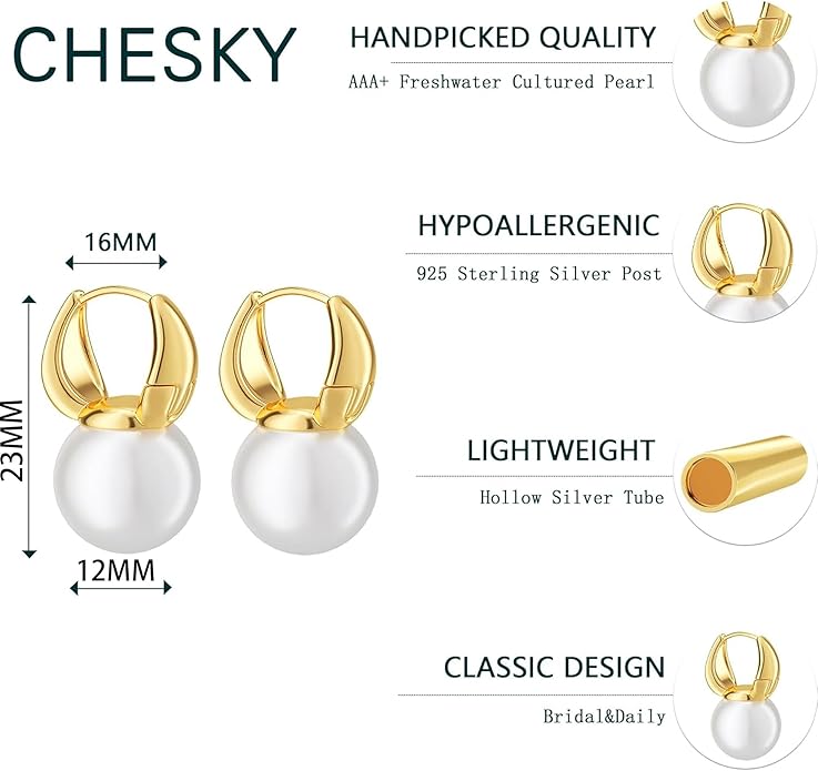 CHESKY Pearl Earrings for Women, Dainty 14K Gold Plated/Silver Plated Drop Quality Handpicked AAA+ Freshwater Cultured Round Pearls Dangle Earrings Wedding Jewelry for Women Gifts