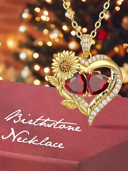 Sunflower Heart Necklace for Women 14K Gold Exquisite Anniversary Birthday Gifts for Wife Mother Her Double Birthstone Pendant jewelry‘You Are My Sunshine’
