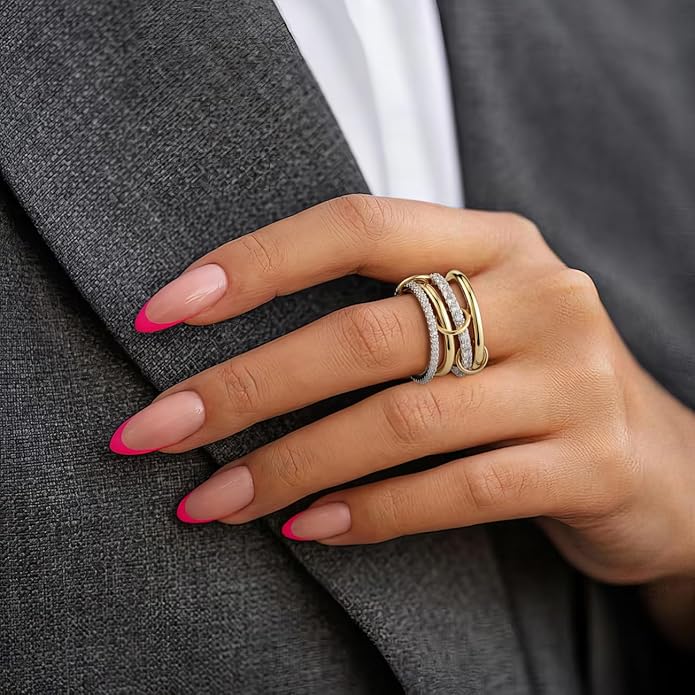 Emibele 14K Gold Plated Stackable Rings for Women, Interlocking Non Tarnish Gold Rings, Silver Dainty Cubic Zirconia Bands, Two-Toned Mixed Metal Stacking Band, Trendy Jewelry Gifts for Women