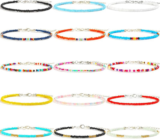 XIJIN 8Pcs Handmade Beaded Anklets for Women Boho Colorful Beads Ankle Bracelets Adjustable Foot Anklet Set