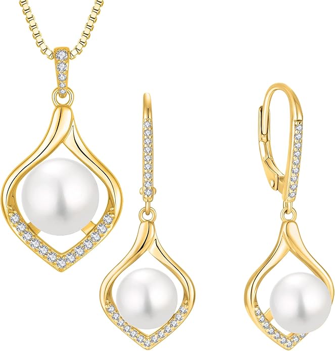 Pearl Jewelry Set for Women 18K Yellow-Plated Earrings & Necklace Silver Jewelry Gifts