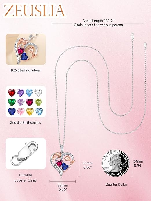 Zeuslia Double Birthstone Necklace Gifts for Wife - 925 Sterling Silver Sunflower/Rose/Crown Cross/Compass/Heart Pendant I Love You Necklace, Anniversary Birthday Gifts for Wife Girlfriend Mom Her