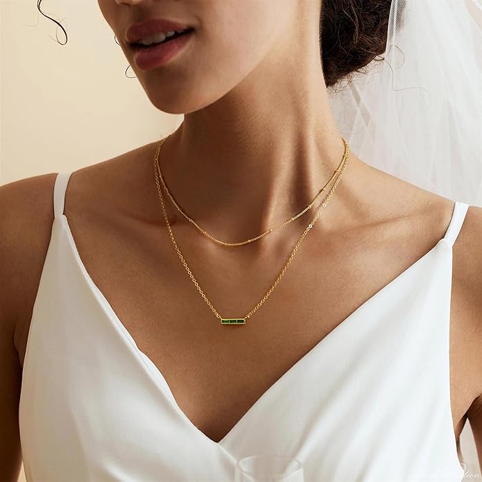 Turandoss Birthstone Necklace for Women, Dainty 14K-Gold-Plated 12 Months Birthstone Layered Necklaces, Trendy Birthday Jewelry Gifts for Women Teen Girls