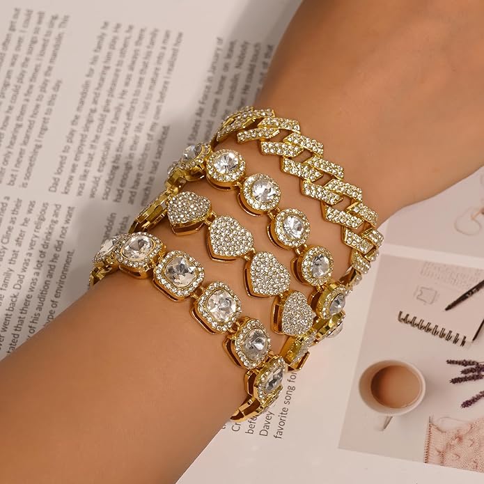 4-PCS Cuban Link Bracelets for Women,Diamond Tennis Bracelet Set,14K Gold Plated Layered Stackable Jewelry, Adjustable Bling Gift Set for Women
