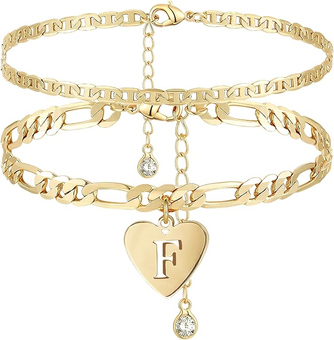 YANODA Initial Ankle Bracelets for Women, Layered Gold Anklets for Women 14k Real Gold Filled Figaro Letter Anklets for women waterproof Summer Jewelry Personalized Gifts for Women