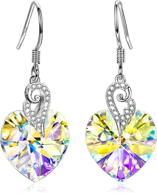 Kate Lynn Angel Wings 925 Sterling Silver Heart Earrings for Women, Packaged with Jewelry Box, Christmas Gift Birthday Gift Anniversary Jewelry Gift for Women, Symbol of Love, Beauty and Guardian