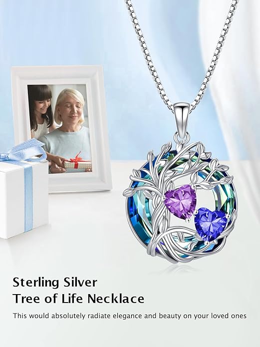 TOUPOP s925 Sterling Silver Family Celtic Tree of Life Pendant Necklaces with 2 Heart Birthstone with Blue Austrian Crystal Jewelry Birthday Anniversary Christmas Gifts for Her Wife Girlfriend Mom (18K Real White Gold Filled)
