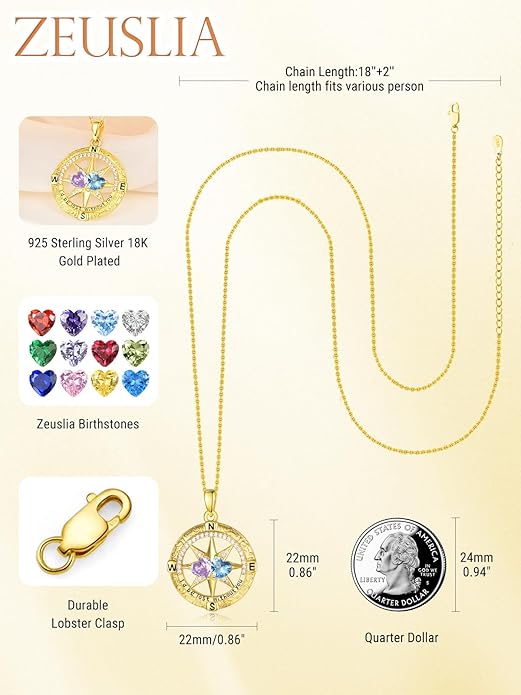 Zeuslia Double Birthstone Necklace Gifts for Wife - 925 Sterling Silver Sunflower/Rose/Crown Cross/Compass/Heart Pendant I Love You Necklace, Anniversary Birthday Gifts for Wife Girlfriend Mom Her