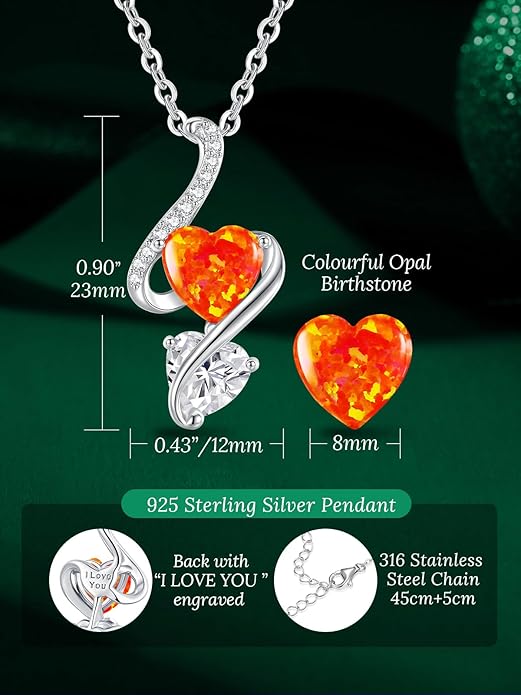 LOUISA SECRET 925 Sterling Silver Opal Birthstone Necklace, Unique Tiny Double Heart Pendant Jewelry, Engraved with "S925 I Love You" Best Birthday Gift for Women Wife Girlfriend Mom Her, Christmas Day Valentine's Day Anniversary Mother's Day